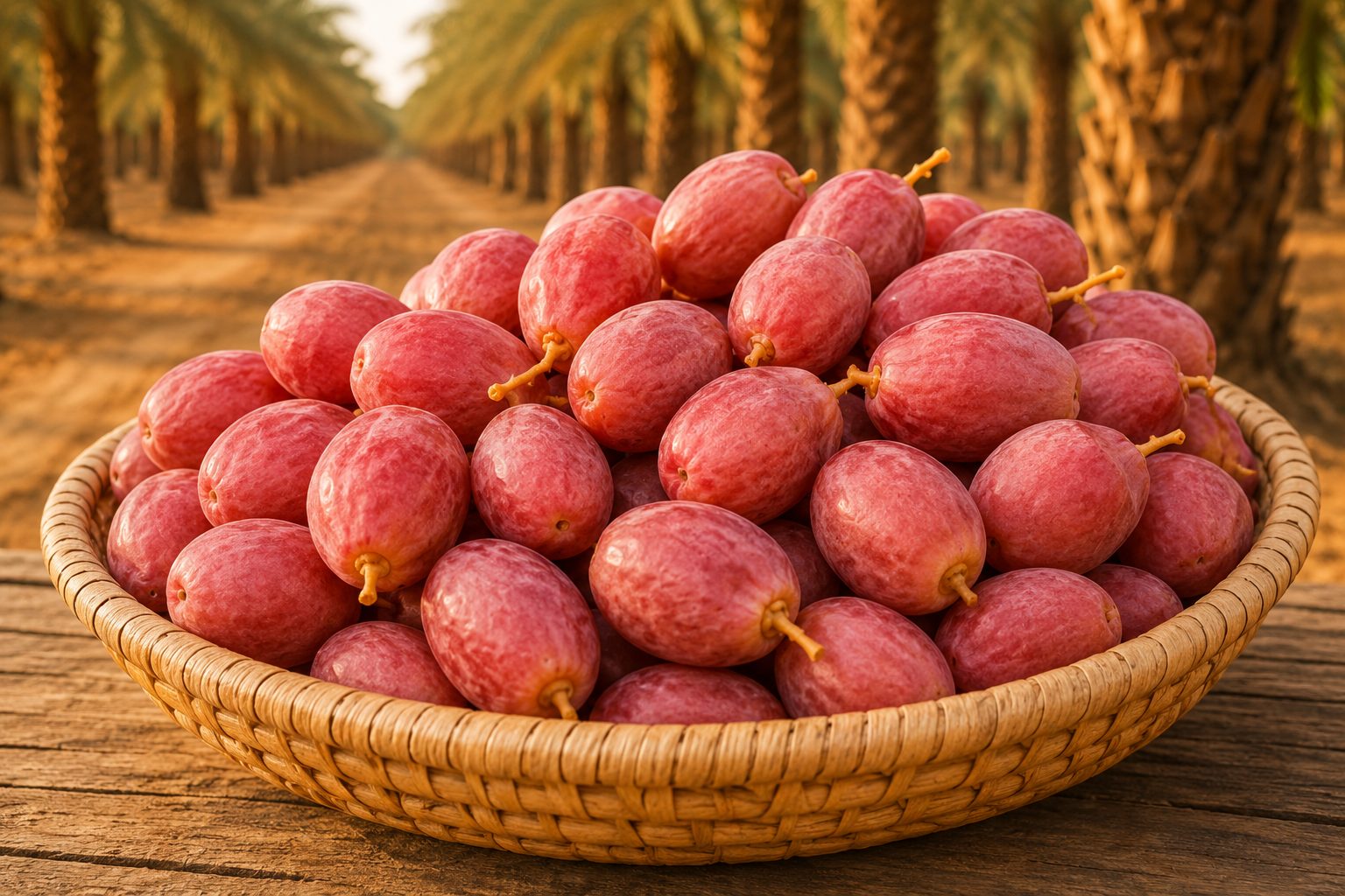 A woven basket of fresh, ripe Kutch dates on a wooden table in a date-palm orchard