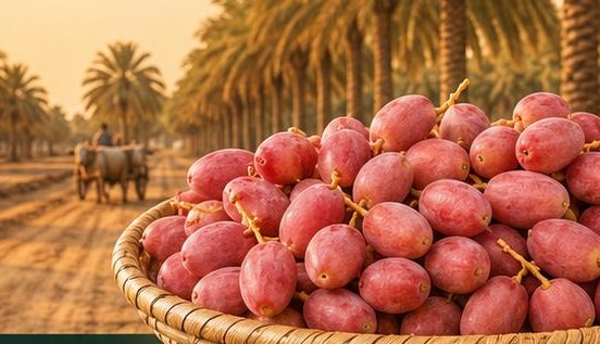 A basket of freshly harvested Kutch dates beside a palm-lined farm avenue at sunrise